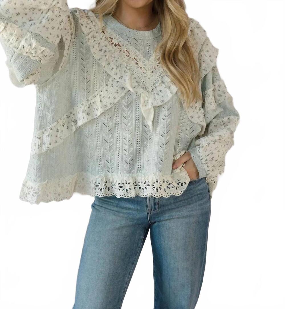 NEW POL amber ruffle lace top in sage mint